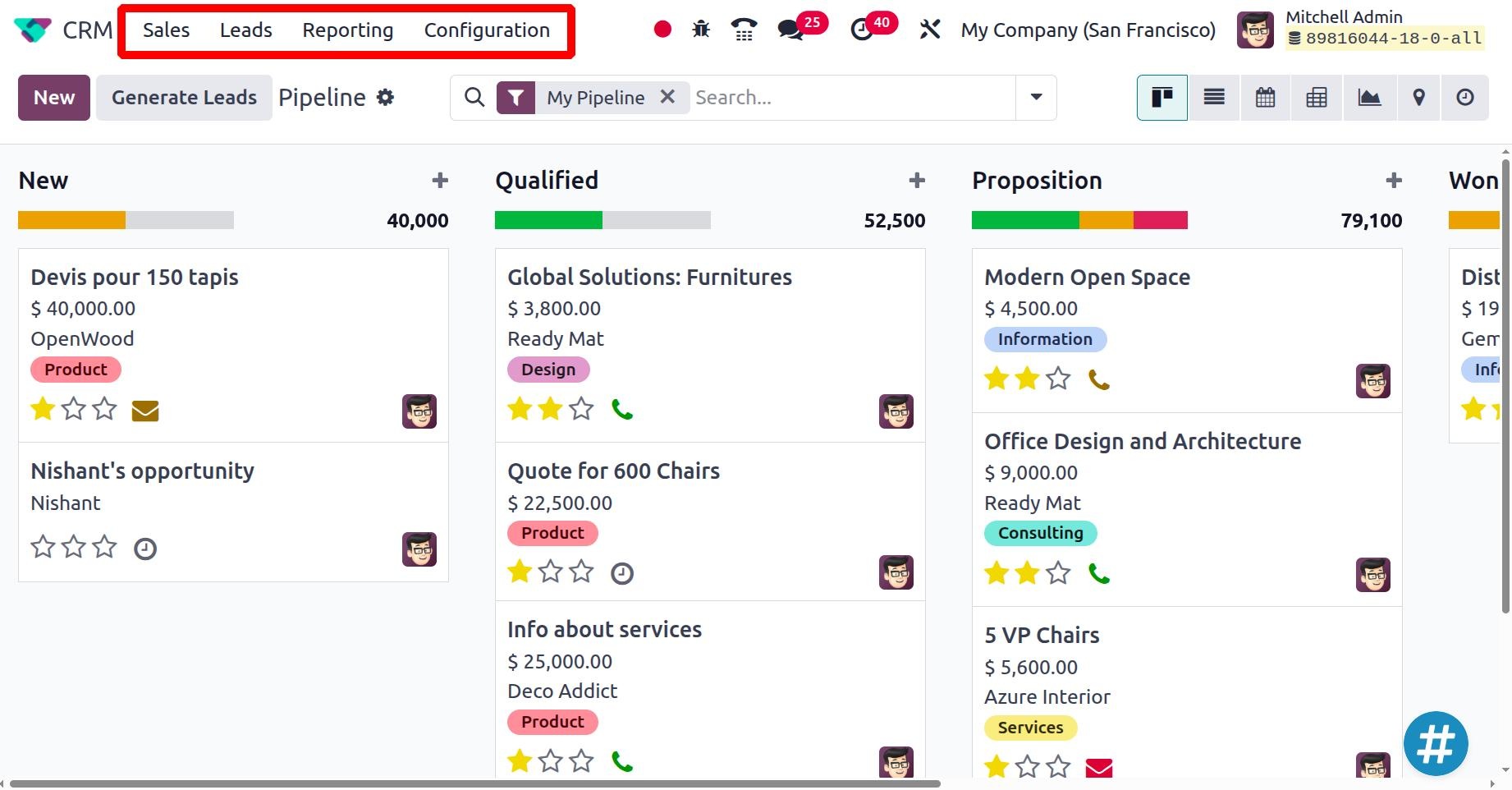 Odoo CRM interface converting a qualified lead into an opportunity